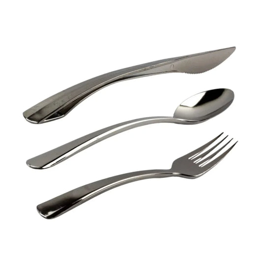 Set of silver plastic disposable cutlery including a knife, spoon, and fork