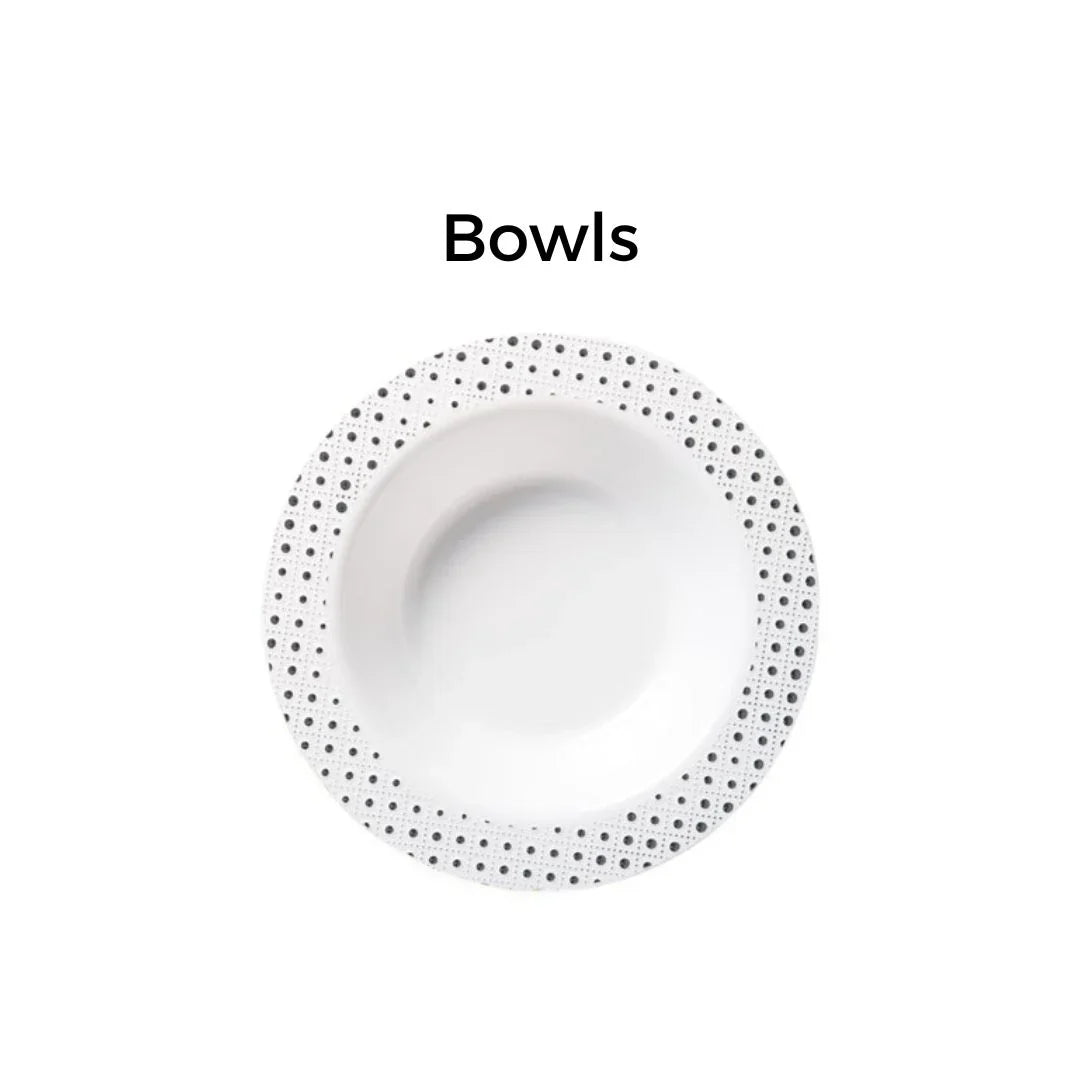 White disposable bowl with a decorative grey polka dot rim