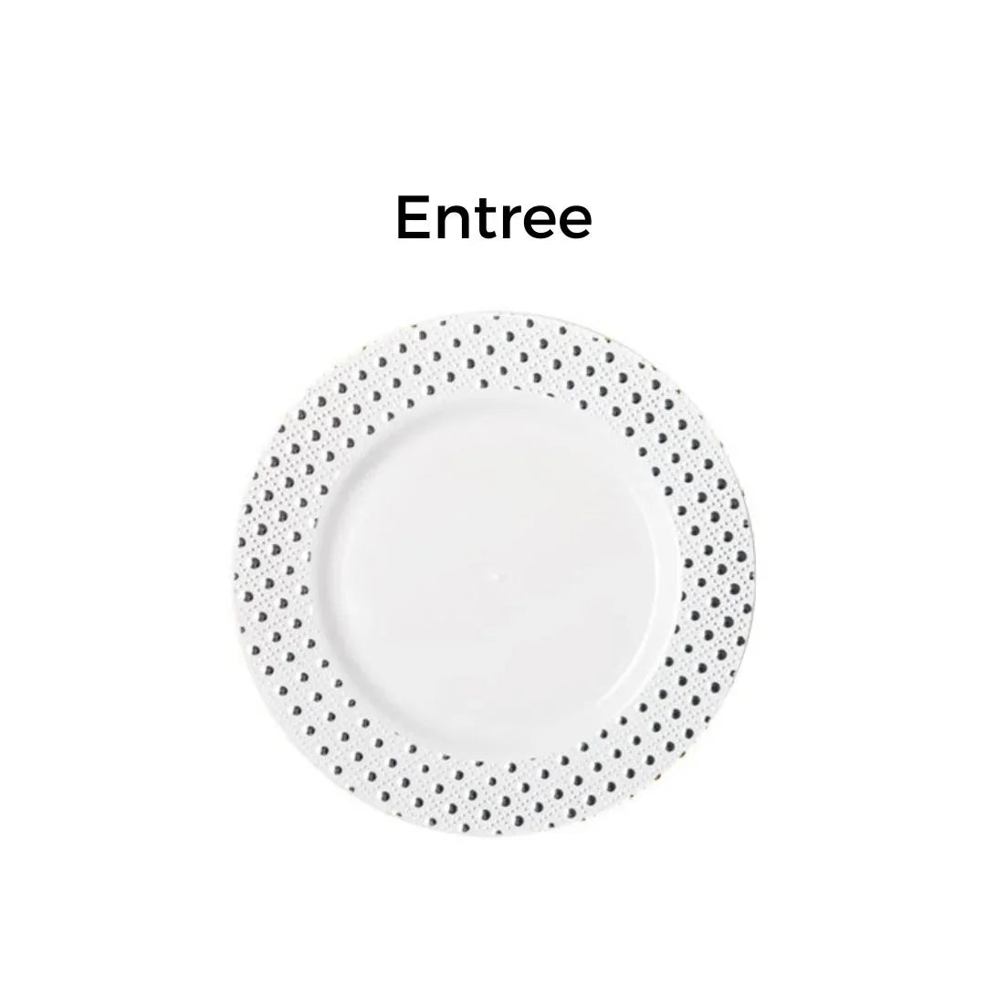White disposable entree plate with a decorative dotted lace border