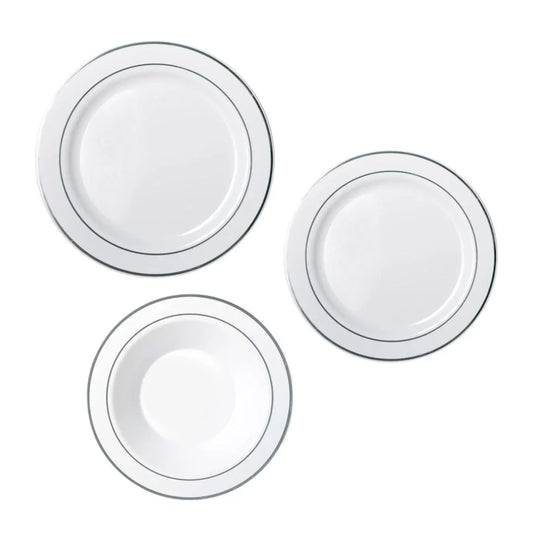 Set of three white disposable plates with elegant silver rim detailing