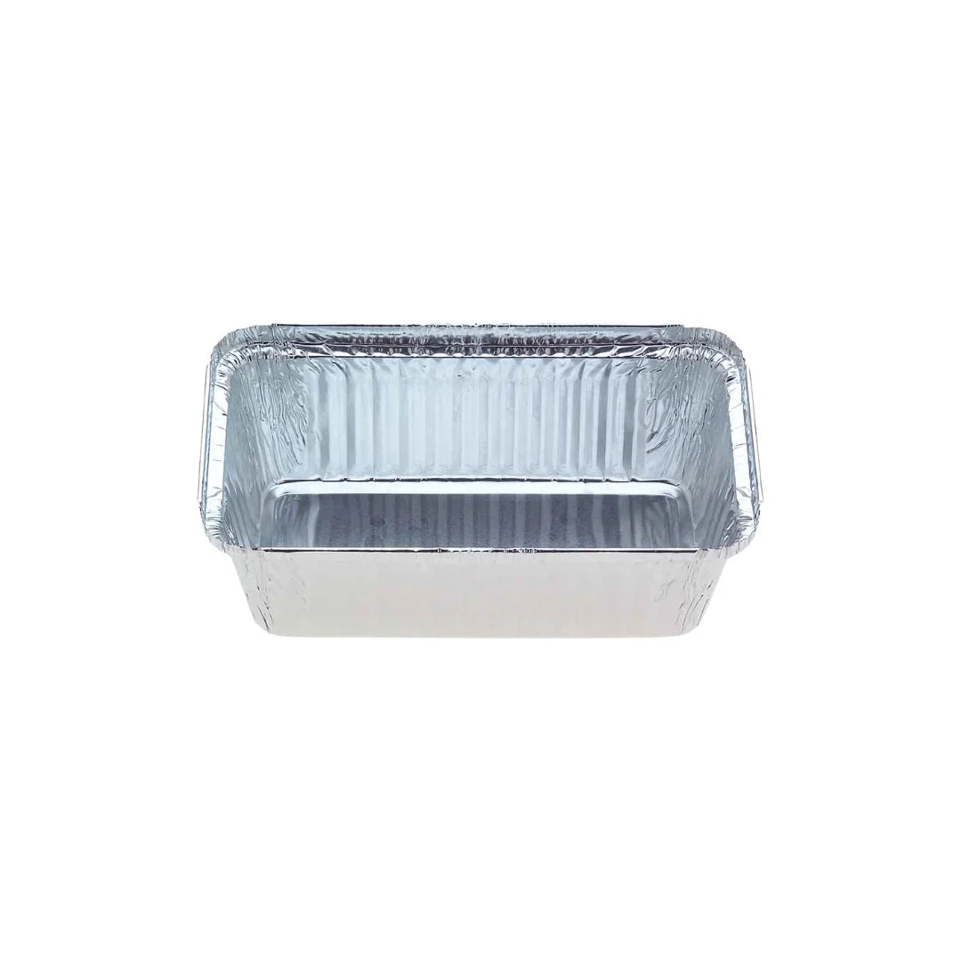 Rectangular disposable aluminum foil catering container on a white background