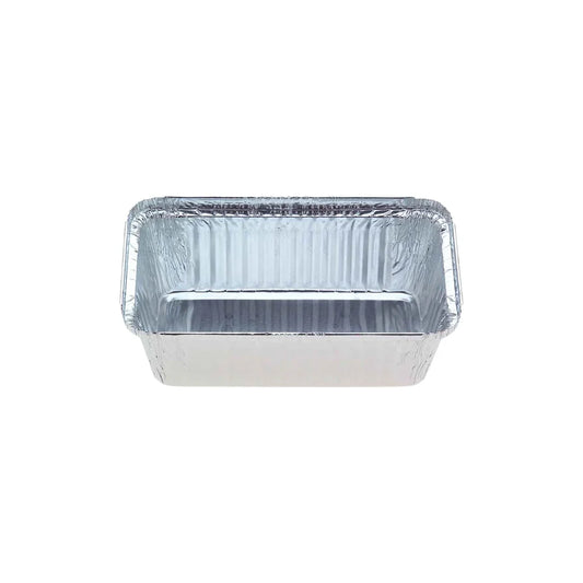 Rectangular disposable aluminum foil catering container on a white background
