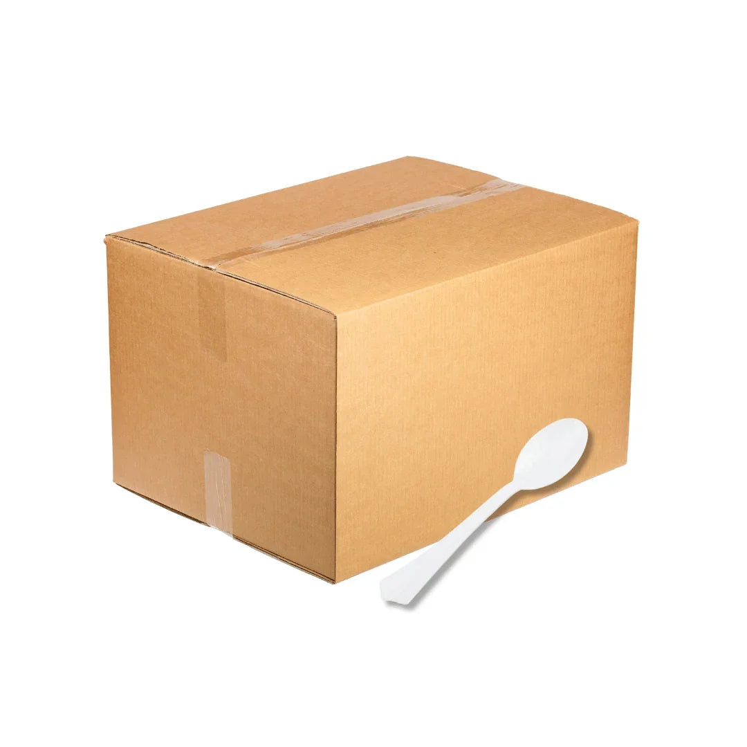 Brown cardboard packaging box with a white plastic disposable spoon
