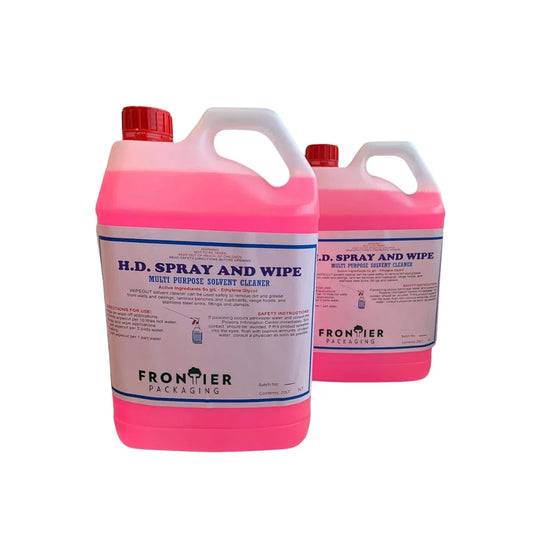 Two 20L containers of Frontier Packaging H.D. Spray and Wipe multi-purpose solvent cleaner.