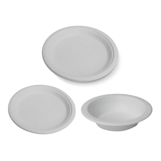 Set of three white disposable biodegradable paper plates and a bowl