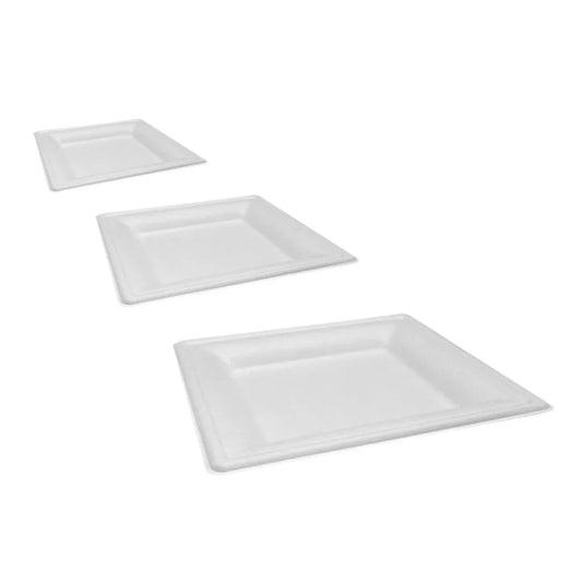 Three square white disposable catering platters in varying sizes