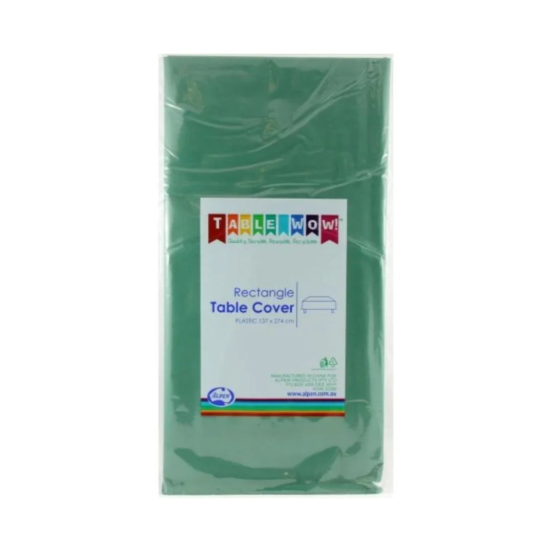 Green plastic rectangle table cover by Table Wow, 137 x 274 cm, in clear packaging.