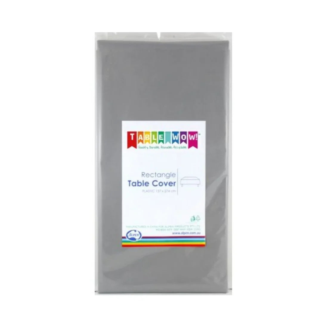 Grey plastic rectangle table cover by Table Wow in clear packaging