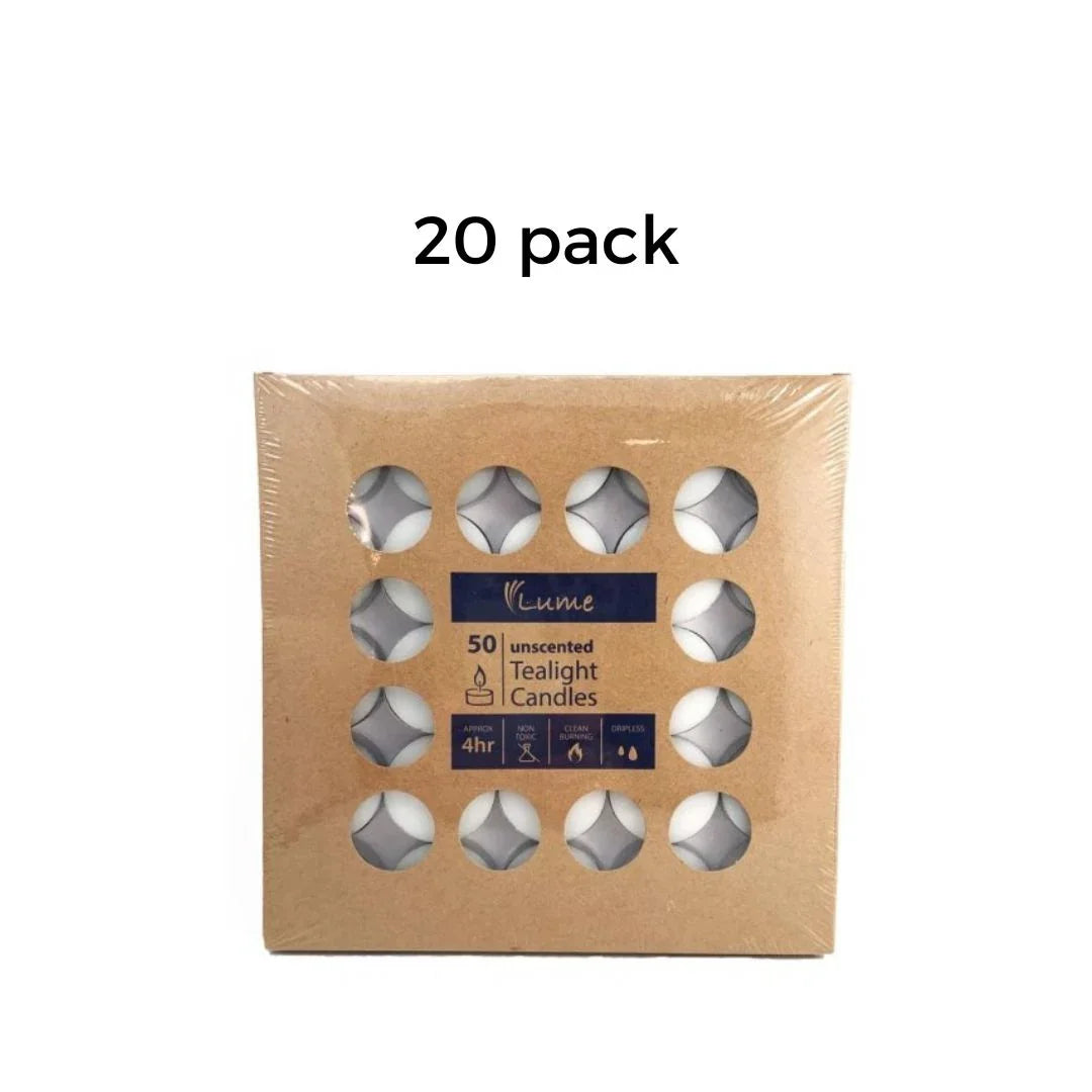 Pack of 50 Lume unscented tealight candles in cardboard packaging
