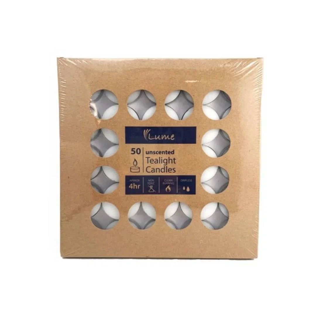 Pack of 50 Lume unscented white tealight candles in a brown cardboard box
