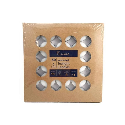 Pack of 50 Lume unscented white tealight candles in a brown cardboard box