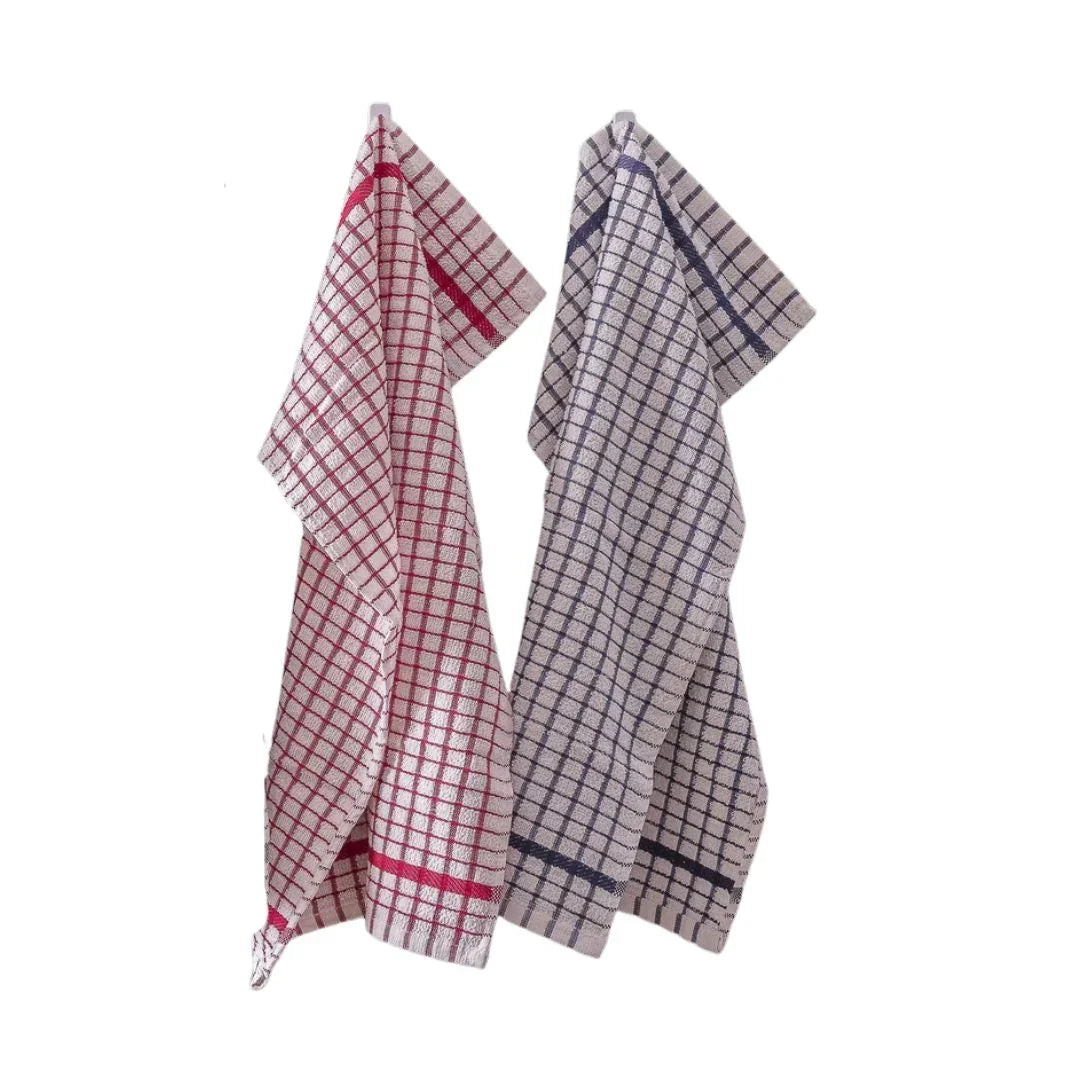 Two folded checkered tea towels, one red and one blue, on a white background.