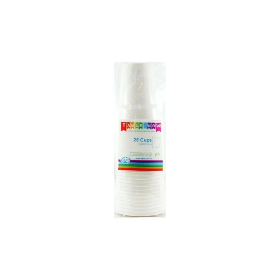 Pack of 25 white disposable plastic cups in clear plastic packaging