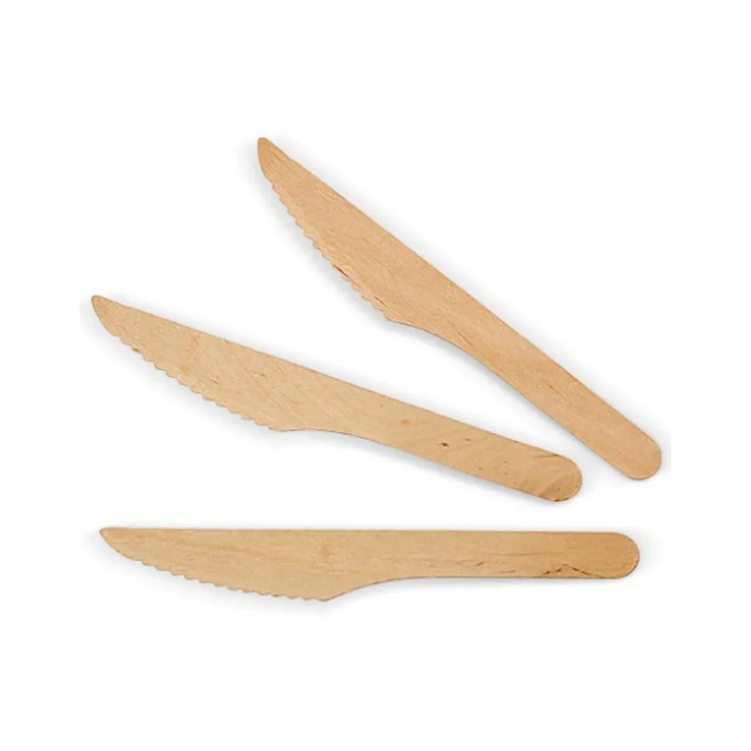 Three disposable wooden knives for catering and party supplies