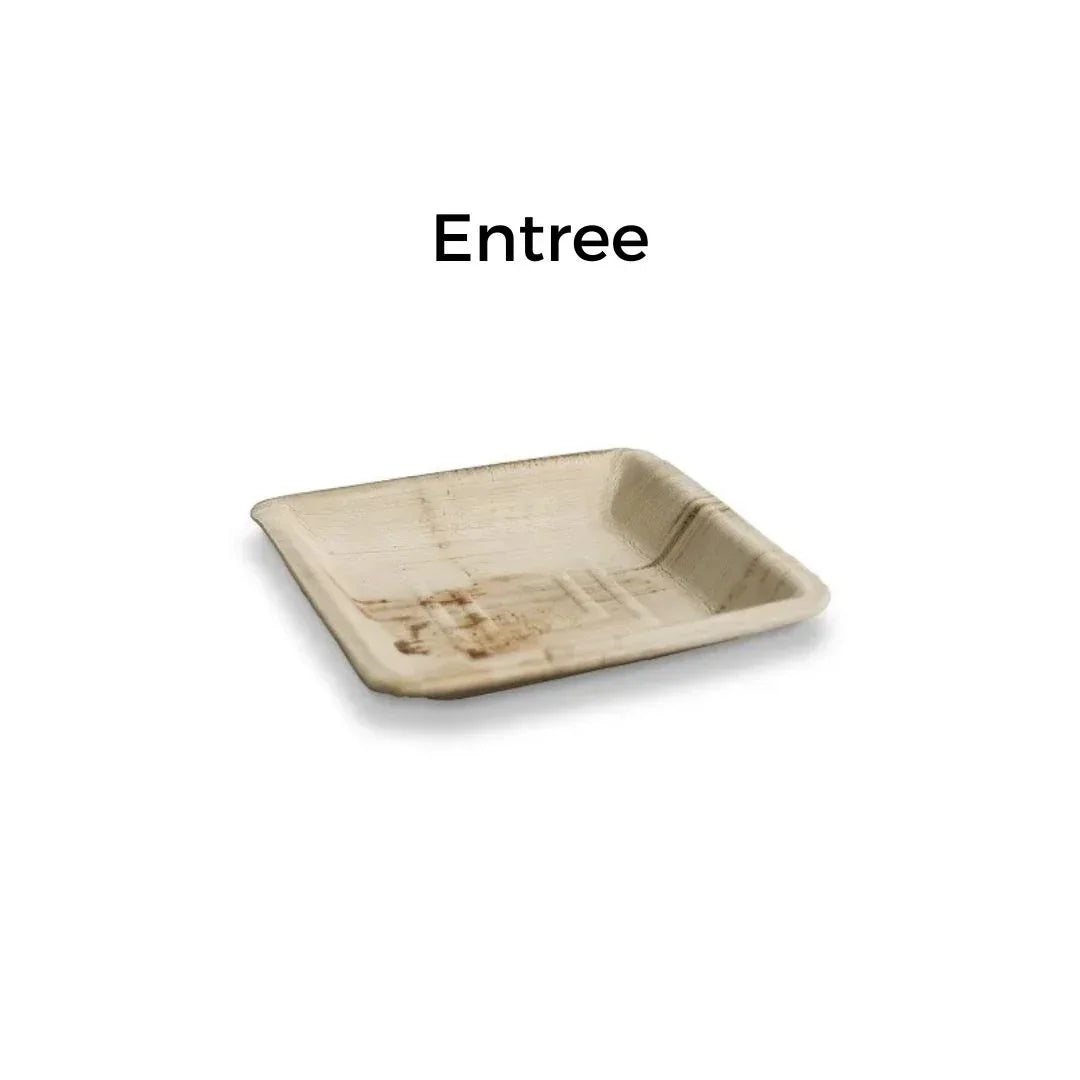Square disposable palm leaf entree plate for catering and parties