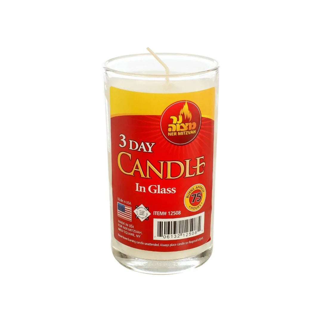 Ner Mitzvah 3 Day Candle in a glass jar, burns for 75 hours