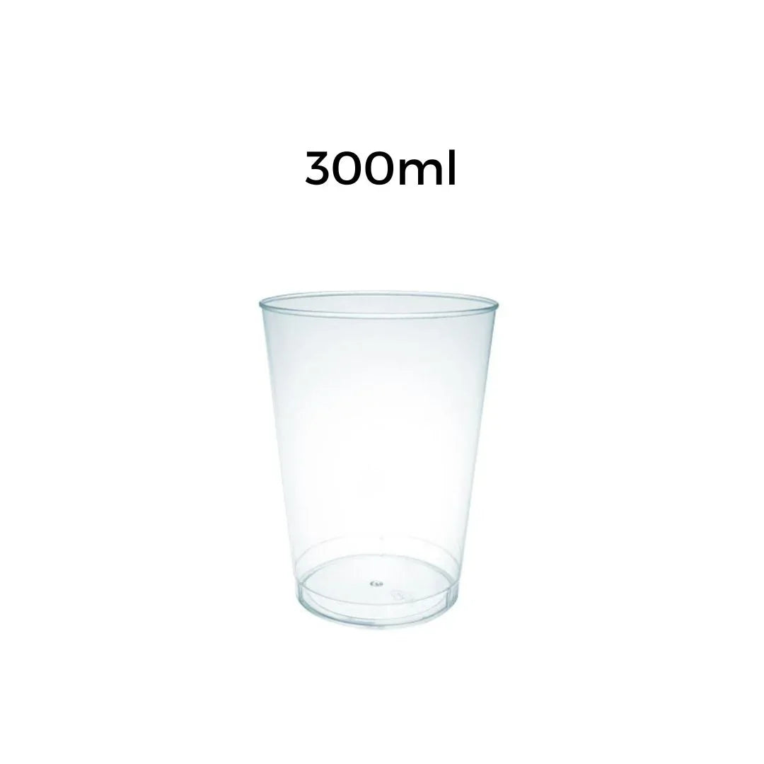 Clear plastic 300ml disposable catering cup against a white background