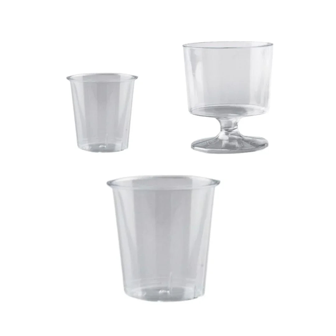 Three clear plastic disposable cups, including two tumblers and one stemmed glass.