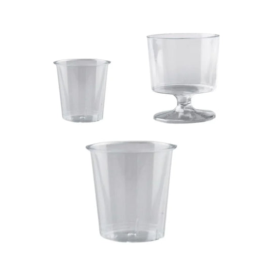 Three clear plastic disposable cups, including two tumblers and one stemmed glass.