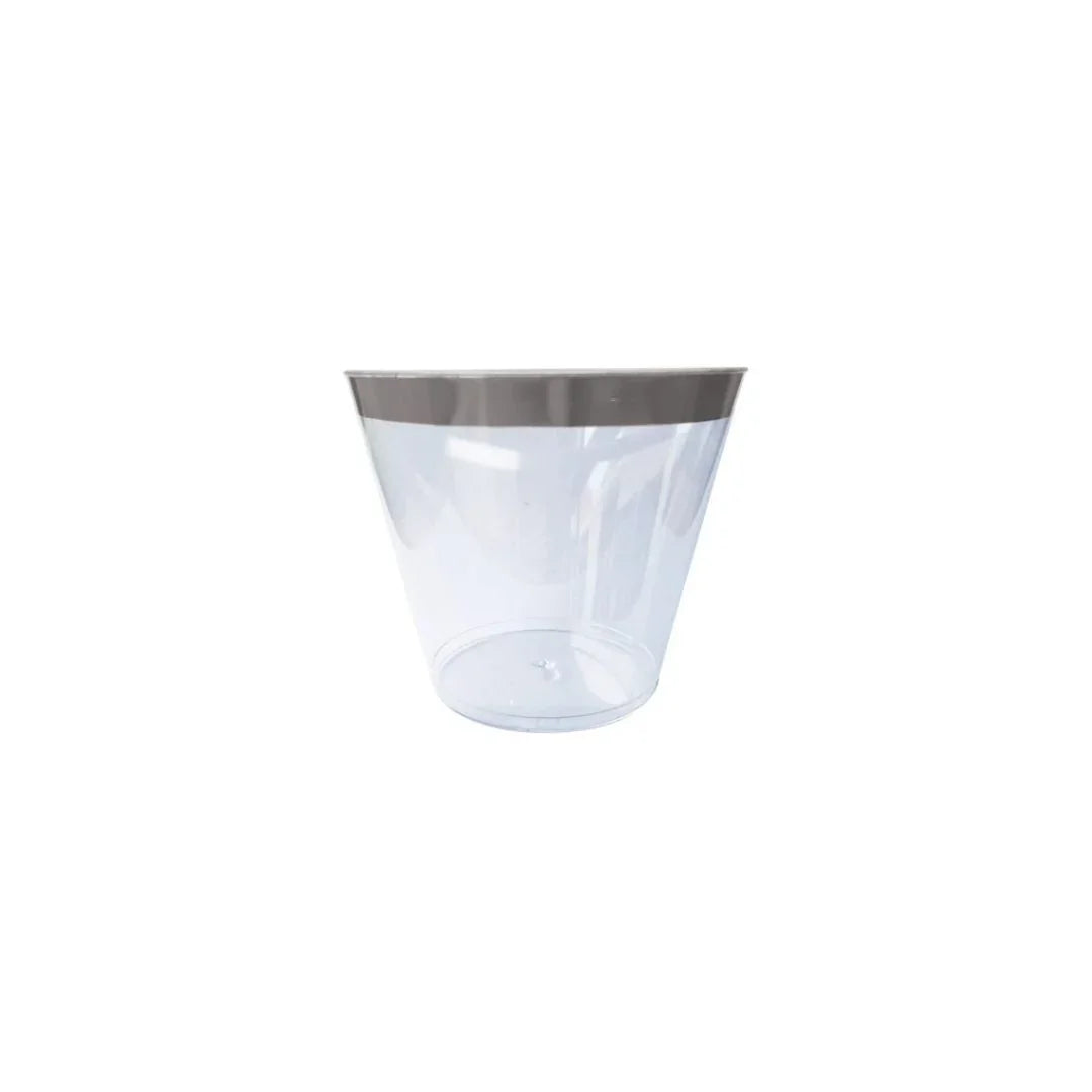 Clear plastic disposable cup with a silver rim