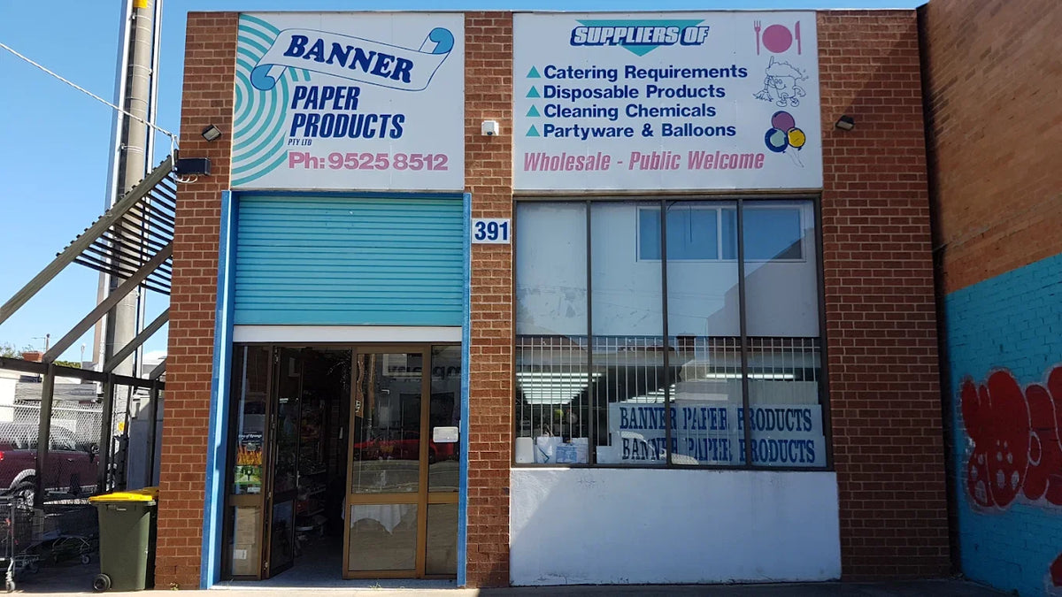 Storefront of Banner Paper Products catering and party supplies shop in Melbourne.