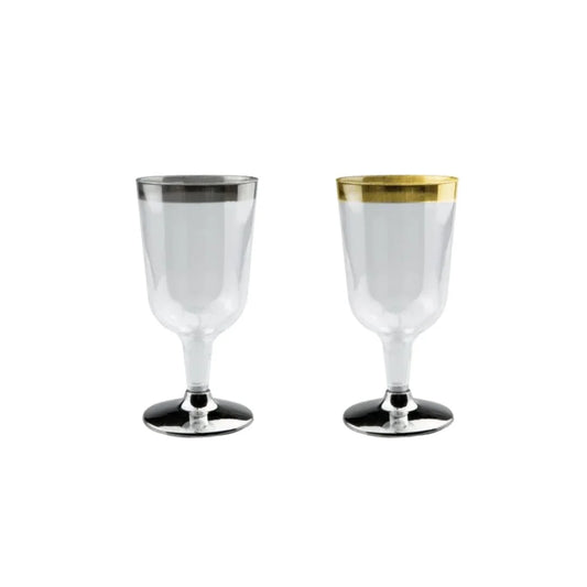 Two plastic wine glasses, one with a silver rim and one with a gold rim.