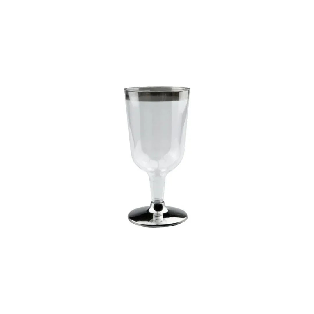 Clear plastic disposable goblet with a silver rim and base